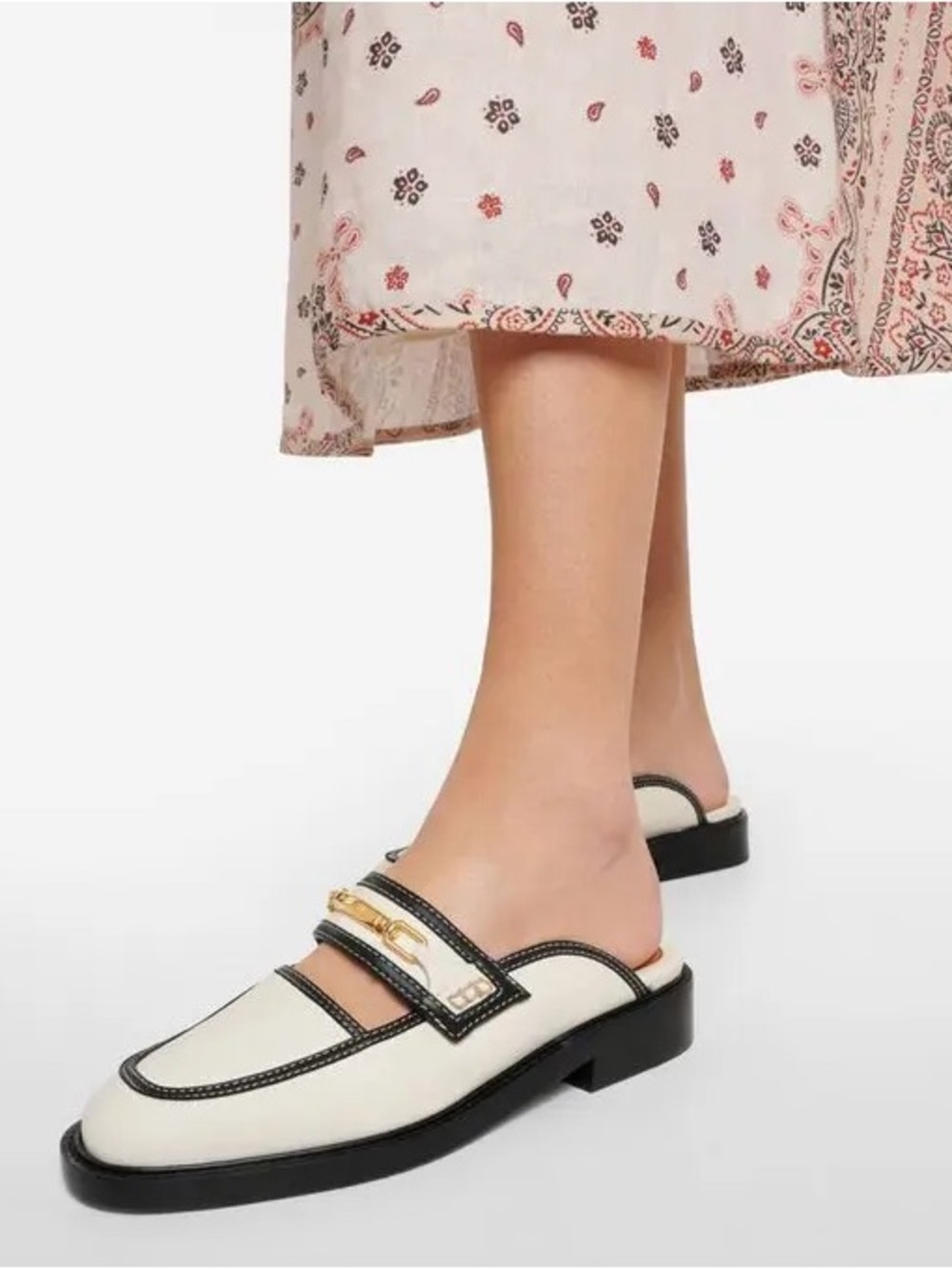 NWB Zimmermann 8 Cream and Black Backless Loafer Mule with Gold Buckle